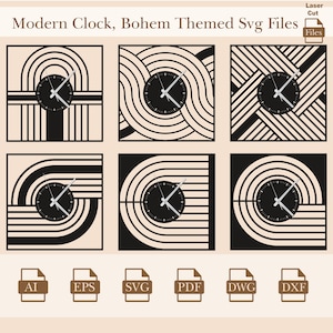 May include: Six different designs for a modern clock with a bohemian theme. The clock faces are all black with white hands. The designs are all geometric and feature black and white lines. The designs are labelled with the file types AI, EPS, SVG, PDF, DWG, and DXF.