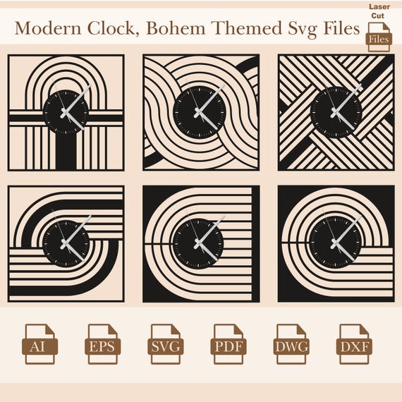 Bohem Themed Modern Clock,Clock Laser Cut Files,Clock Wall Art, Modern Clock,Clock Wood Layer Files, Svg, Eps, AI, Dxf, Dwg