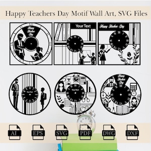 Puede incluir: Seis archivos de corte digital en blanco y negro para un diseño de reloj de maestro. Los diseños presentan un maestro, un estudiante, un reloj y varios útiles escolares. Los archivos están disponibles en los formatos AI, EPS, SVG, PDF, DWG y DXF.