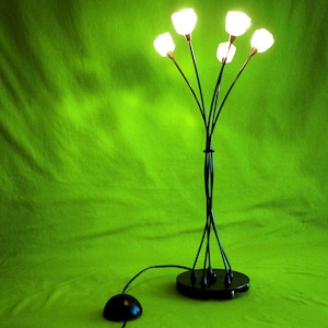 May include: A black, modern-style table lamp with five flower-shaped lights. The lamp has a round base and a slender, curved stem. The lights are white and emit a soft glow. The lamp is on a green background.