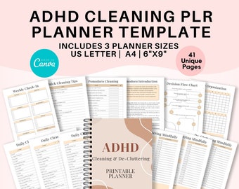 Planificador PLR ADHD para limpiar y ordenar plantillas Canva con derechos de reventa para ingresos pasivos / Carta estadounidense, A4, 6x9 / Interior KDP