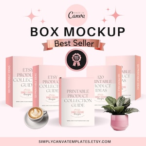 Peut inclure: Une maquette de cinq boîtes roses avec le texte "Etsy Product Collection Guide" et "Printable Product Collection Guide" sur le devant. Les boîtes sont disposées en demi-cercle avec une tasse de café et une plante devant elles. Le texte "Best Seller" est affiché au-dessus des boîtes.