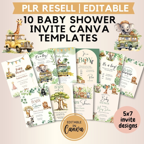 PLR Resell, Editable Safari Baby Shower Invitation Bundle, Its a Boy, Baby Shower Invite 5x7 Card Commercial Use Rights For Small Business