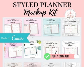 Realistic Digital Planner Canva Mockup Templates, Fully Editable Sticker Mockup, Tabs and Coil Rings, Rose Gold, Canva Designs, Etsy Mockup