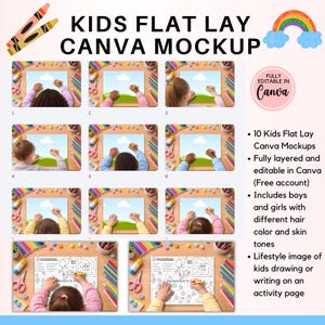 May include: A digital mockup featuring children drawing or writing on activity pages. The image includes colorful crayons, scissors, and pencils. Text on the image reads "KIDS FLAT LAY CANVA MOCKUP" and "FULLY EDITABLE IN Canva".