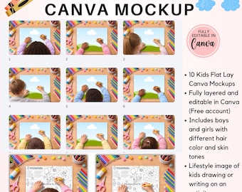 Canva-mockups för barn med platta lay-motiv | Aktivitetsmockup för teckning av barnhänder | Målarbild och arbetsblad | Redigerbar Canva-mall
