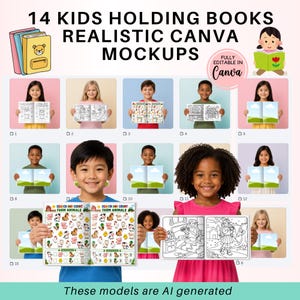 May include: A digital collection of 14 kids holding books realistic Canva mockups. The graphic features various children displaying open books with coloring pages, farm animal search activities, and blank pages. Text reads 14 KIDS HOLDING BOOKS.