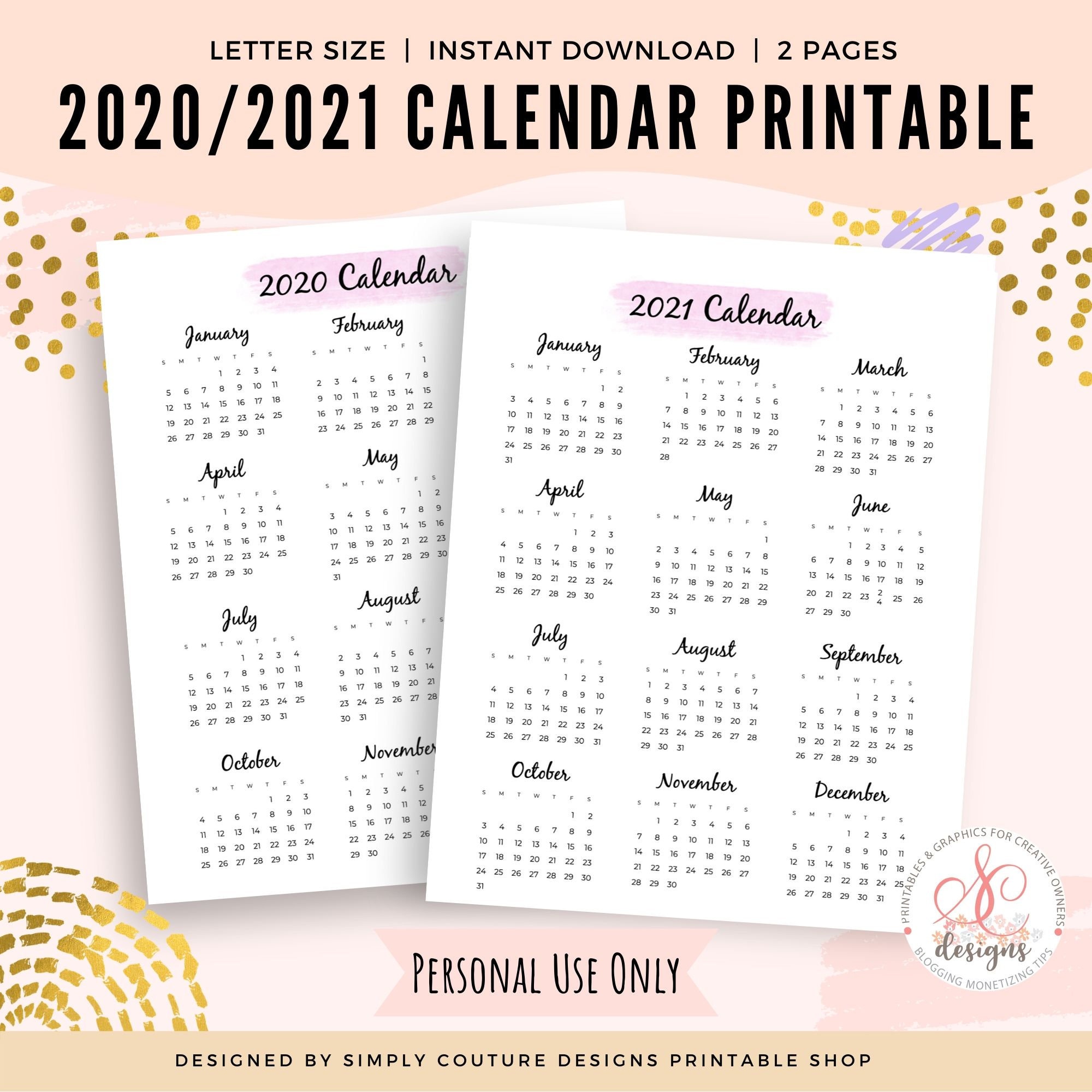 2021 Calendar Printable Wall Calendar Printable Pdf 2021 Etsy