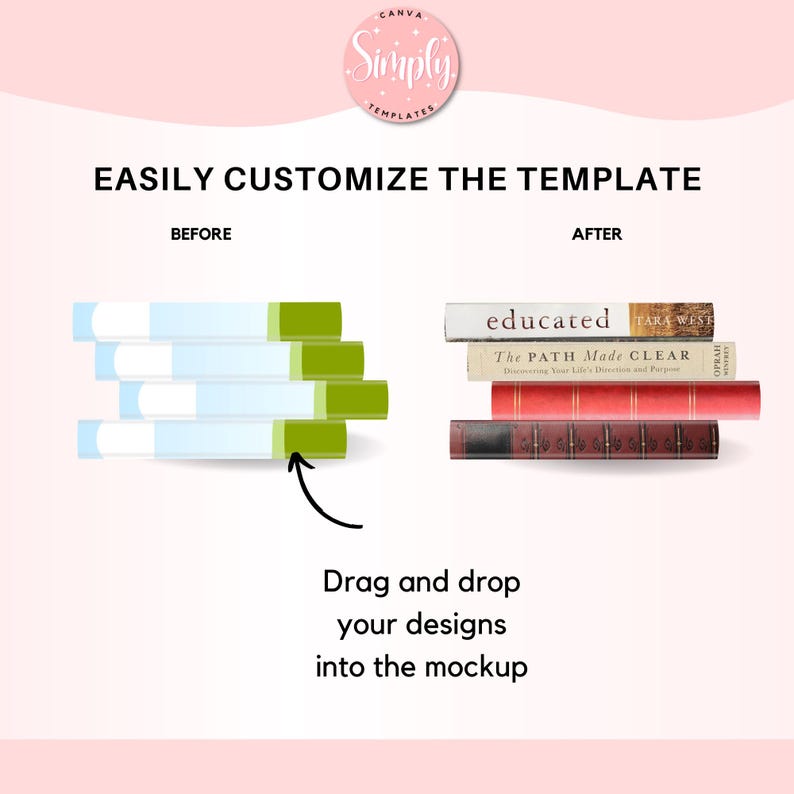May include: A mockup showing how to customize a book stack template. The before image shows a stack of five blank books with green spines. The after image shows a stack of four books with different titles and spines. The text "Drag and drop your designs into the mockup" is below the images.