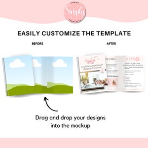 May include: A mockup showing how to customize a template for an email marketing workbook. The before image shows a generic landscape scene. The after image shows a workbook with the title "Email Marketing Kickstart Challenge Workbook" and the text "Insider Club".