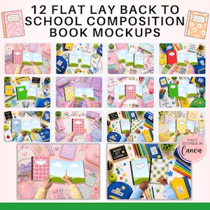 May include: A digital collection of 12 flat lay back to school composition book mockups featuring various colorful patterns and school supplies. The images display open notebooks with blank white pages, clouds, and green hills, fully editable in Canva.