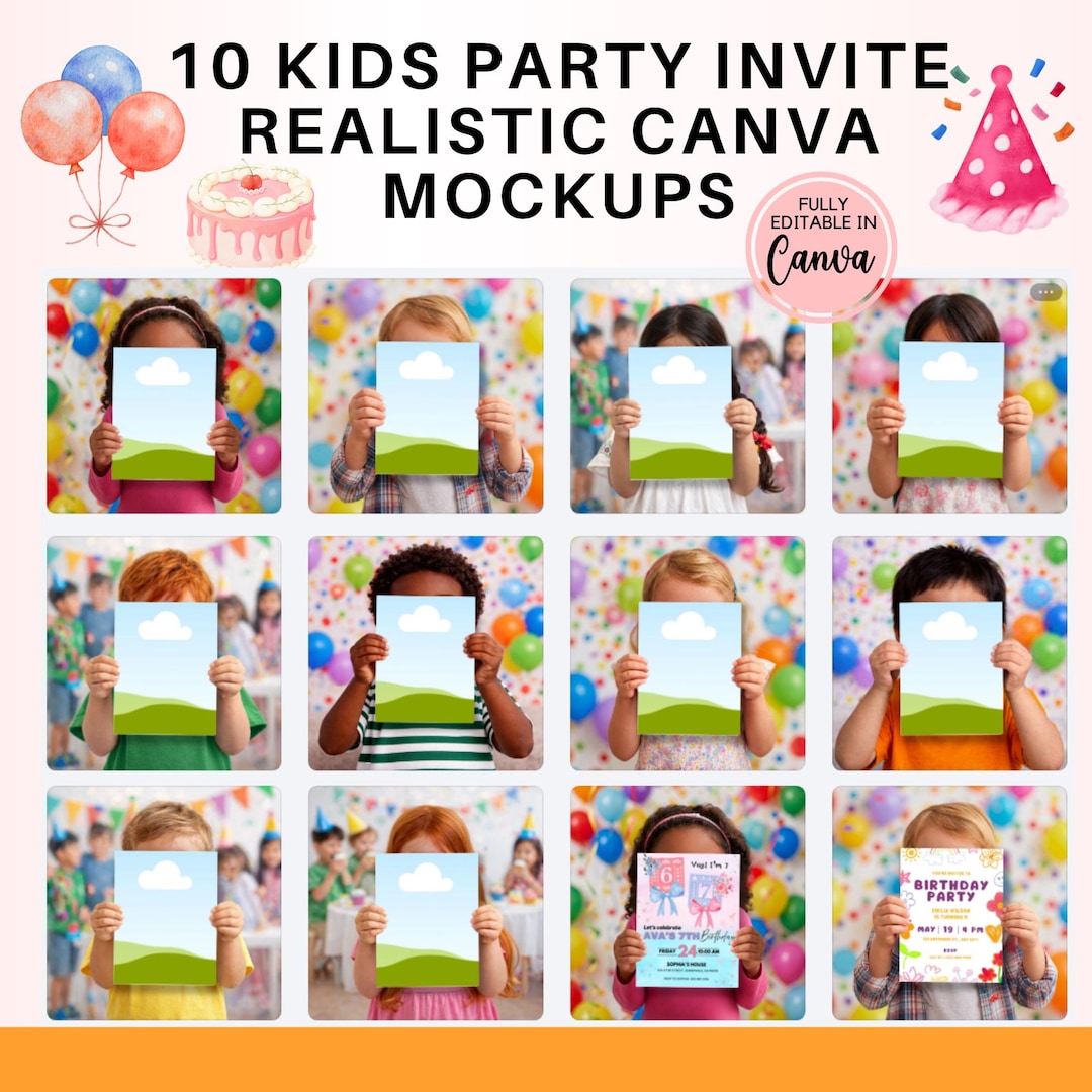 Invation Display Kids Party Invite Mockup Canva, Birthday Invitation Mockup, Kids ...
