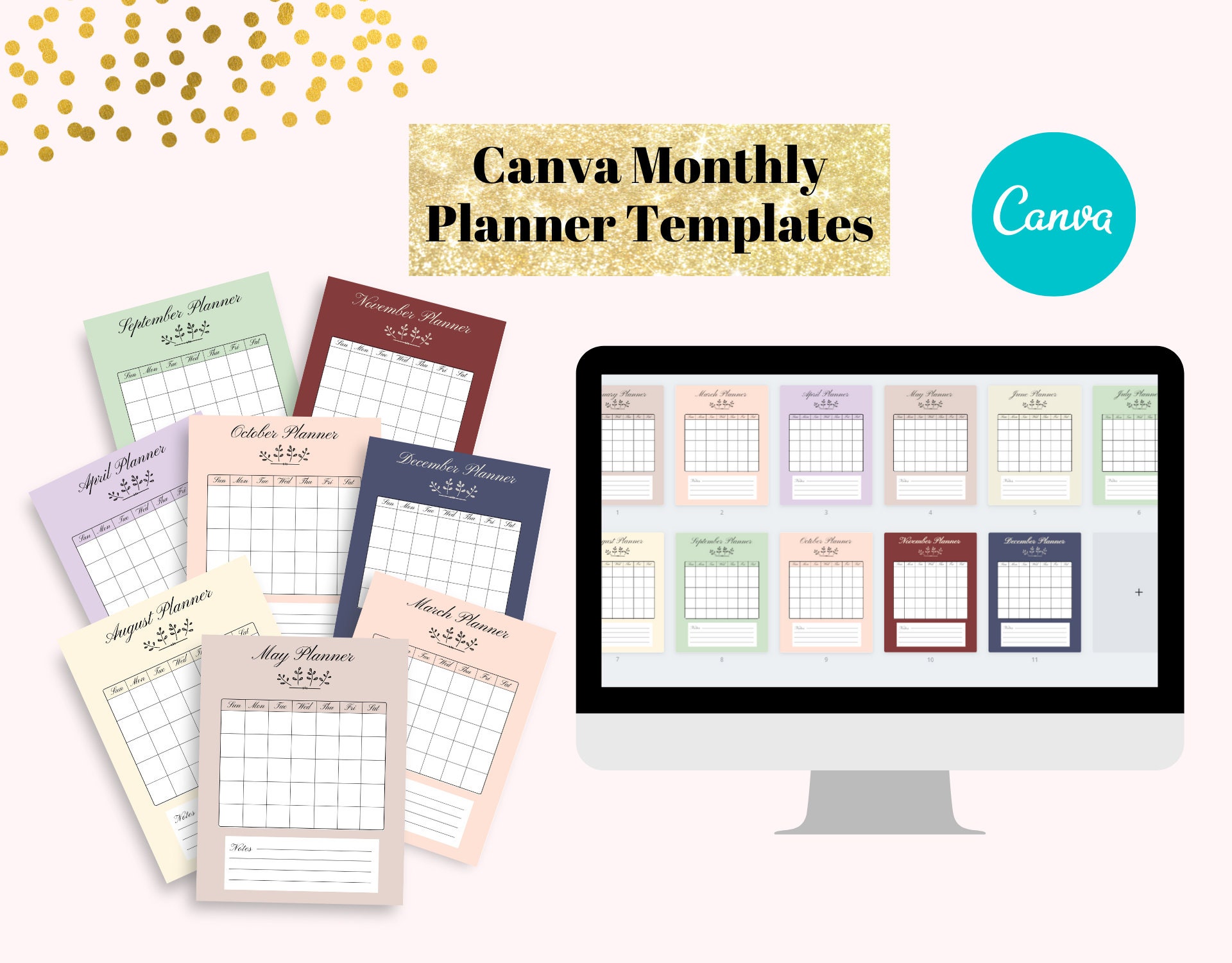 Canva Calendar Template Fully Editable Monthly Calendar Etsy