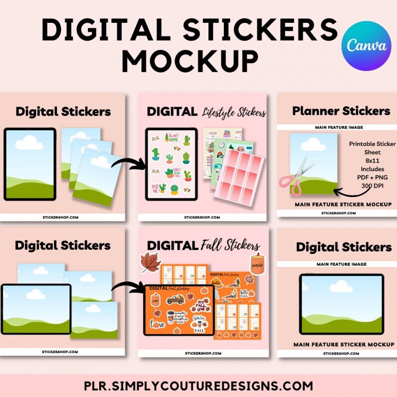Digital Sticker Mockup Canva Templates, Sticker Mockup, 4 Digital Sticker Mockup Templates For Etsy Listing, Canva Designs, Etsy Mockup