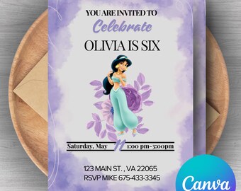 Digital Princess Jasmine Birthday Invitation-princess Party Invite-kids