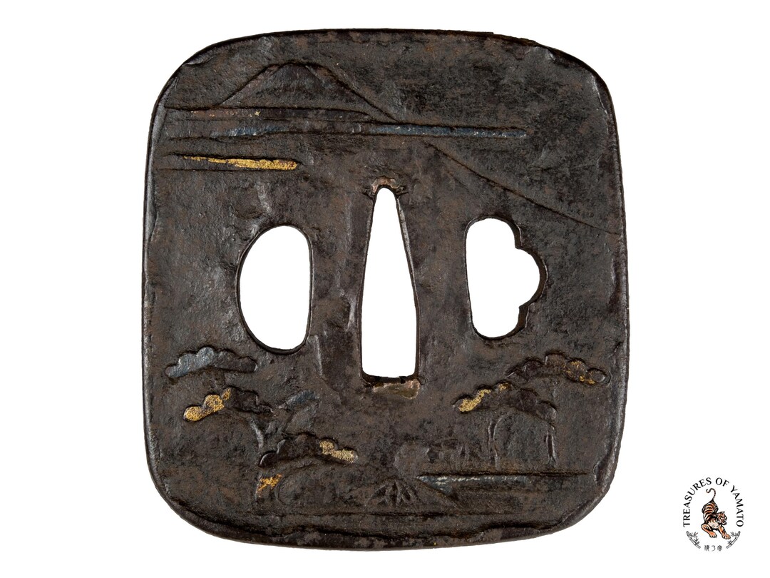 19th Century Edo Period Iron Samurai Tsuba With Mount Fuji and Pine ...