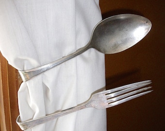 SALE--vinTage FORK and SPOON TiEBACKS Tie Backs-1 PaiR ecLecTic  siLver pLaTe--REcycled / REpurposed / UPcycled--1 spoon,1 fork-!(#1)