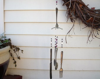 SILVERWARE WIND CHIMES  WindChimes from REcYcLed /REpurposed Silverware with Tiny Food Can beads from Scotland + wine and clear gLass BeaDs