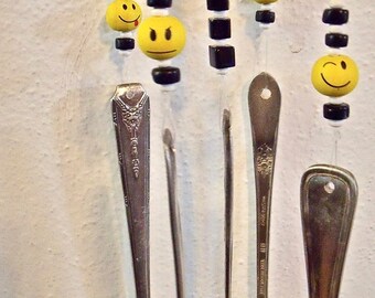 SALE--SMiLEY FACE WiND CHiMEs made from silver plated anTiQue Silverware-5 different smiley face EXPRESSIONS-indoors / outdoors-a Gr8T gift