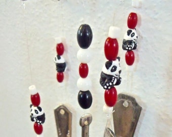 WIND CHIME made w/ REcycled AntiQue Silverware-PANDA theme-"Wanna' Spoon??"- using 4 different vintage spoons-black,red,white ceramic beads