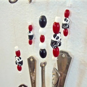 WIND CHIME made w/ REcycled AntiQue Silverware-PANDA theme-&quot;Wanna&#39; Spoon??&quot;- using 4 different vintage spoons-black,red,white ceramic beads