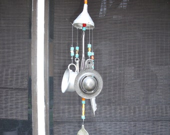 SALE--SiLVERWARE  WiND CHiMES---REcycled  using oLd kitchen utensiLs and bright turquoise and orange beads---Ugot2C !!