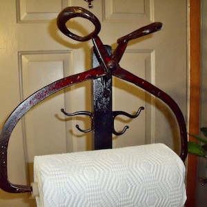 SALE--ICE ToNGS Paper Towel Holder UPcycled Heavy duTy red/black iron--IncLudes FREE roll Bounty Essentials Paper ToweLs--Easy change roll