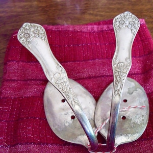 TIEBACKS REcycLed anTiQue SPOONS--matching pair--4 1/2&quot; spoon handles SHOW--fLattened spoon bowLs attach to your wall/window casing