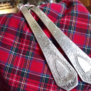 TIEBACKS REcycLed anTiQue SiLverpLate SPOONS--matching pr--4 1/2&quot; spoon handles SHOW--fLattened spoon bowLs attach to wall/window casing(#9)