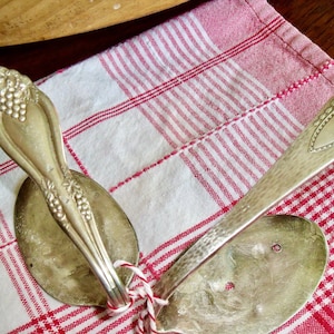 TIEBACKS REcycLed anTiQue SPOONS--Eclectic pair--4&quot;, 5&quot; spoon handles SHOW--fLattened spoon bowLs attach to your wall/window casing(#6)