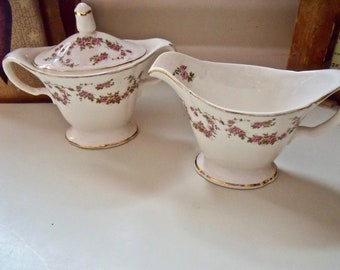 vintage CREAMER and Covered SUGAR Bowl-- ROSE pattern---gold trim---No Chips or Cracks!