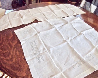 2 anTiQue LiNENS-1--30" x 30" Sq. white TABLECLOTH with embroidery and cutouts  & 1---15" x 46" ecru DRESSER SCARF---many old linens listed!