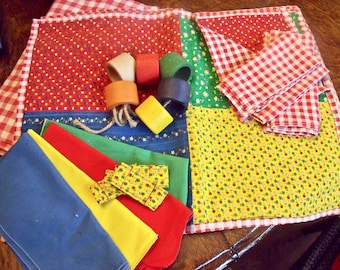 VINTAGE LINENS-Red & WhiTe gingham+ primary colors--2-44"x44" tablecloths,7 napkins,4 sewn and 6 wooden Napkin Rings,4 reversible pLacemats