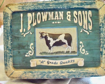 COW TiN BoX with cover--6 1/4" x 4 1/2" x 2 1/4"--"J. Plowman & Sons  "A" Grade Quality"--blue / green--vinTage !---Ugot2C