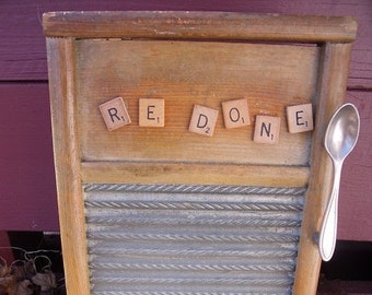 WaSHBOARD CaBINET made w/ Recycled washboard into WALL CaBinet-old scrabble letters read "RE DONE"-spoon handle-Great Medicine/Spice cabinet