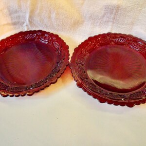 vinTage 2 AVON RED GLASS salad/dessert plates--Avon 1876 Cape Cod Collection-- 7&quot; Diameter--no chips or cracks