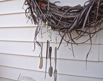 SaLe--SILVERWARE WiND CHIiMES--" TENNIS LOVER!"--Letter Beads spell out 7 different tennis terms!-REcycled oLD Silverware-tennis ball Beads!