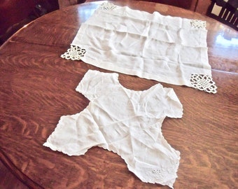 2 anTiQue 25" TABLE COVER  with heavily crocheted corners + MYSTERY linen maybe for a bread basket?--Just listed many oLd Linens--Ugot2C