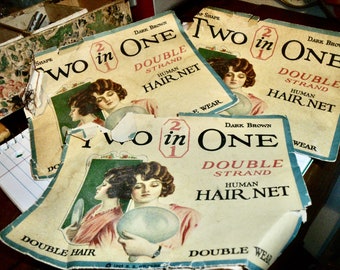 3-"Two in One" HUMAN HAIR NETS--xL--Dark Brown--Double Hair gives Double Wear--sold exclusively by S.S. Kresge Co. 1923