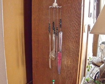 SALE--LUCK of The IRISH Silverware Wind Chimes-REcYcLed,REpurposed,UPcycled siLverWaRe with Shamrock beads and black and green gLass BeaDs