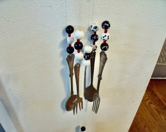 REcycled SILVERWARE WIND CHIME--BLack,White DoG Theme--BLack and WhiTe WooDen BeaDs-w/ Bones and Paw Prints-GreaT GifT for DoG Lover / Owner