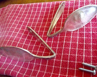 2 SPOON TIEBACKS fLaTTened matching Spoon-small Tie Backs-1 pair International Silverplate-REcycled / REpurposed-Great for sm. thin curtains