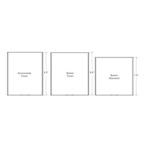 May include: Diagram showing three different sizes of picture frames. The first frame is labeled "Grovemade Flush" and measures 8.5 inches. The second frame is labeled "Balolo Flush" and measures 8.4 inches. The third frame is labeled "Balolo Standard" and measures 7.5 inches.