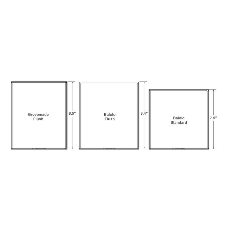 May include: Diagram showing three different sizes of picture frames. The first frame is labeled "Grovemade Flush" and measures 8.5 inches. The second frame is labeled "Balolo Flush" and measures 8.4 inches. The third frame is labeled "Balolo Standard" and measures 7.5 inches.
