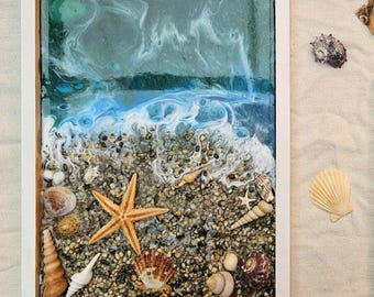 paesaggio marino in resina, arte della spiaggia in resina, arte delle onde in resina, regali in resina fatti a mano, arte dell'oceano in resina, arte in resina fatta a mano, arte in resina con cornice.