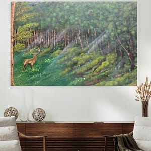 woodlands forest painting, deer original painting, nature landscape prints, woodlands art print, stag wall art, nature lover gift.