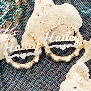 Simple Bamboo Earrings, Hoop Earrings, Custom Name Earrings, Bamboo Name Jewelry, Anniversary Earrings, Handmade Gifts, Summer Earrings