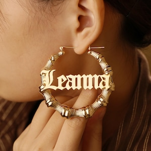 Custom Bamboo Earrings, Name Bamboo Earrings, Personalized Name Earring, Bamboo Hoop Earrings, Customized Hoops, Gold Name Earrings Gift