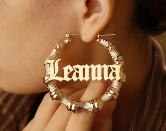 Orecchini in bambù personalizzati, orecchini in bambù con nome, orecchini con nome personalizzati, orecchini a cerchio in bambù, cerchi personalizzati, orecchini in oro con nome in regalo