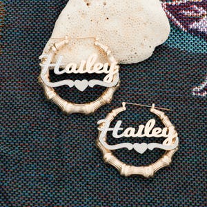 Name Bamboo Earrings, Custom Name Earrings, Nameplate Hoop Earrings, Gold Bamboo Earrings, Birthday Jewelry, Mom Gift, Personalized Gift